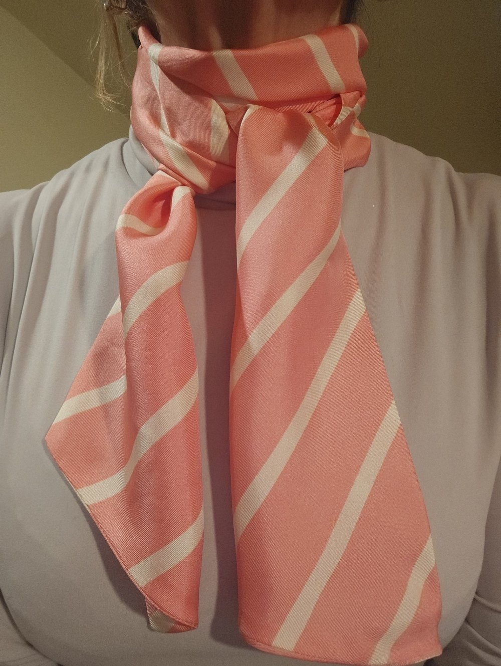 100% SILK Lands End Oblong Scarf, Pink White Stripes